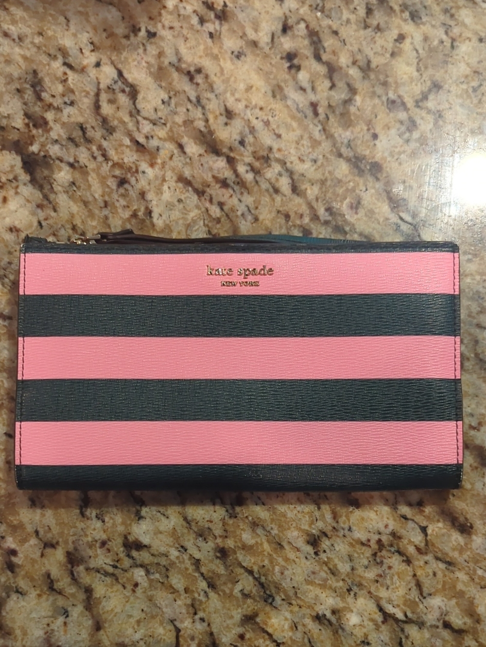kate spade Pink and Black Striped Zip Wallet With Card Pockets